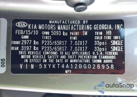 2011 Kia Sorento Lx from USA, damaged, VIN 5XYKT4A12BG028958